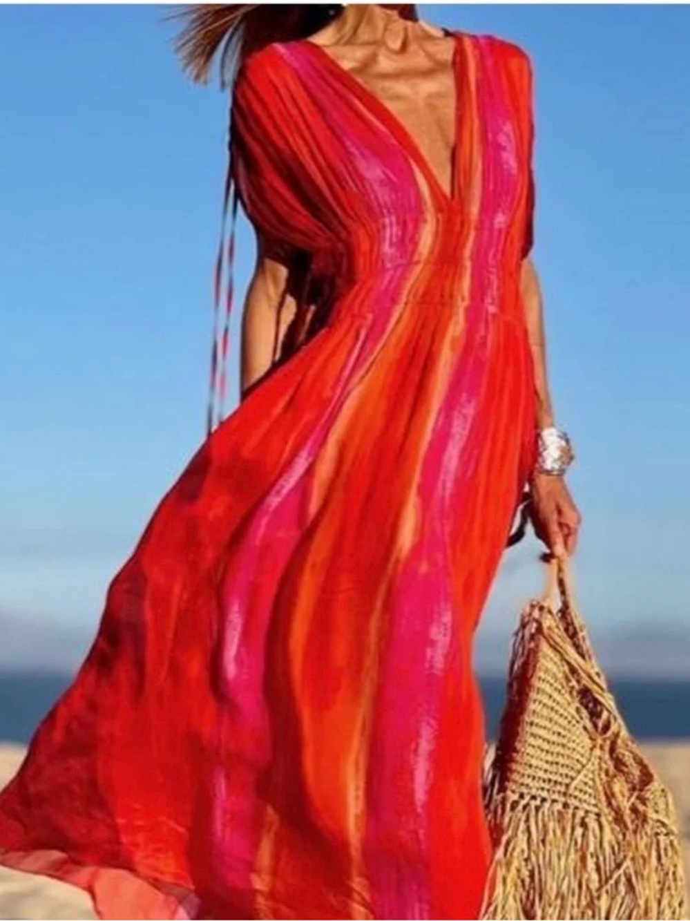 Zara Red and Pink V-Neck Maxi Dress